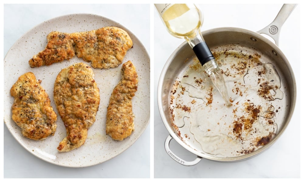 A plate of cooked chicken next to a skillet of wine deglazing a skillet.