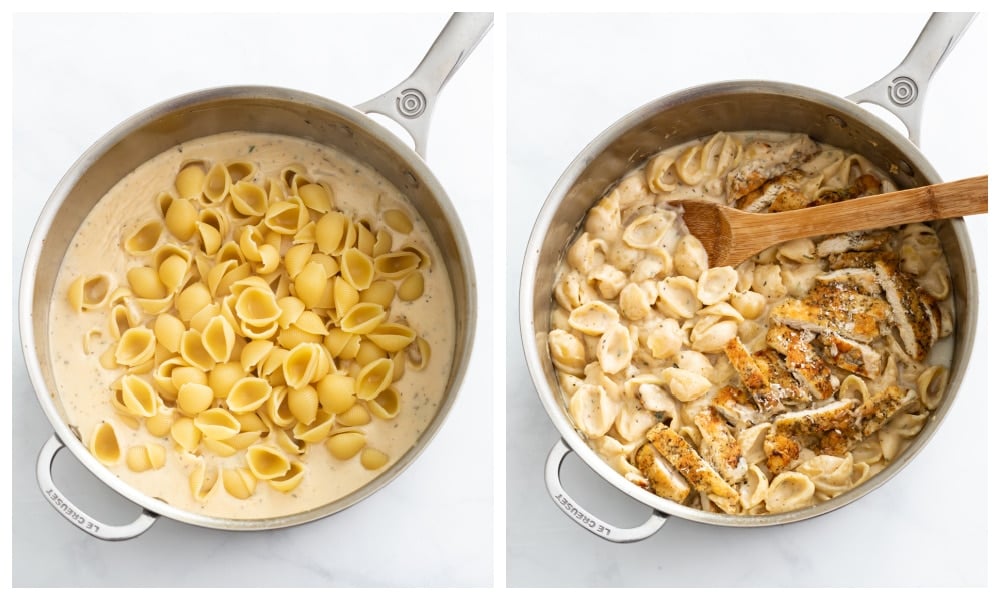 Adding pasta and chicken to a cream sauce to make Creamy Chicken Pasta.