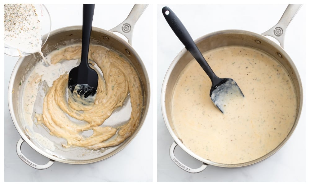 Adding cream, broth, and seasonings to a roux to make creamy chicken pasta.