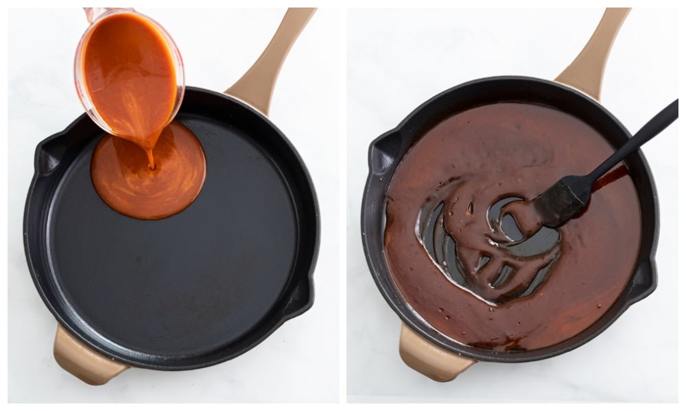 Adding firecracker sauce to a skillet for Firecracker Shrimp.