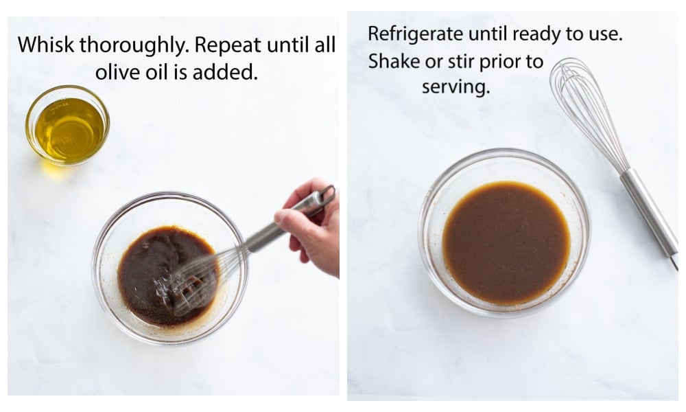 Whisking ingredients for Balsamic Vinaigrette together in a glass bowl.