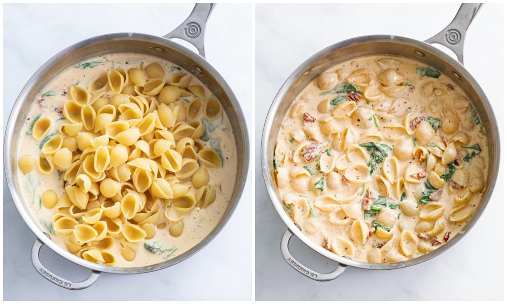 Adding shells to a creamy Tuscan cheese sauce to make Tuscan Mac and Cheese.