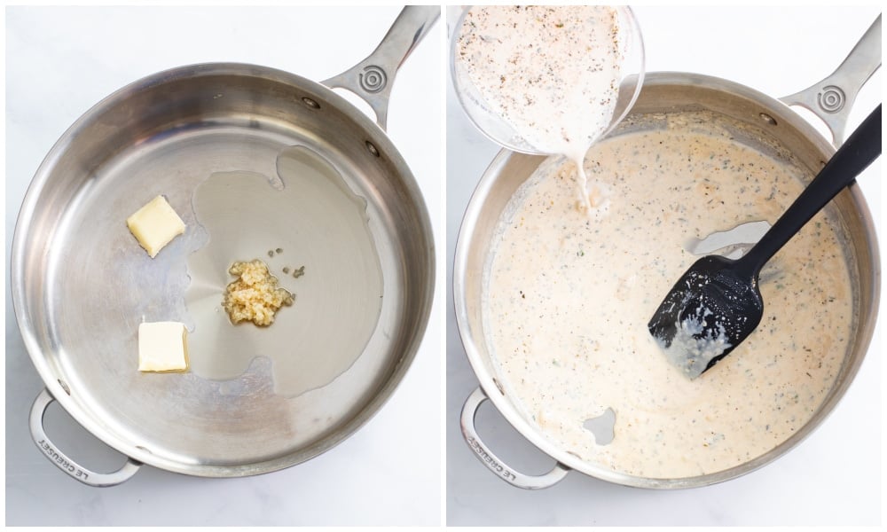 Making a roux in a skillet and adding cream sauce ingredients to it for a mac and cheese sauce.