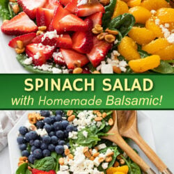 A collage of Spinach Salad with a spoon drizzling balsamic dressing on top.