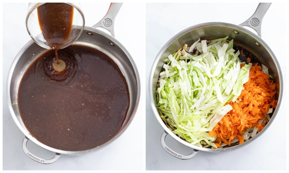 Adding sauce, cabbage, and carrots to a skillet for Egg Roll in a Bowl.