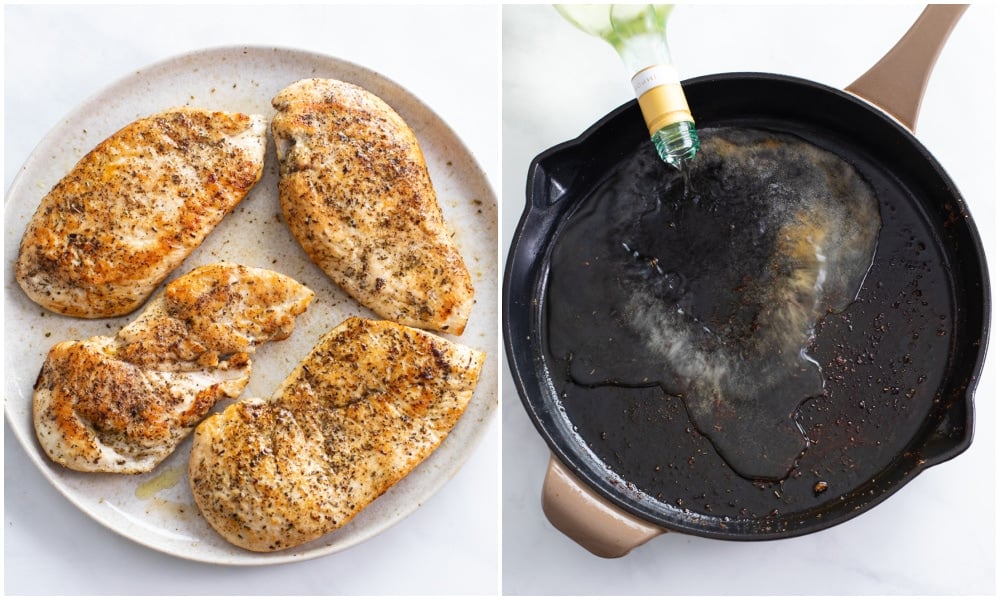 Cooked chicken on a plate next to a skillet being deglazed with white wine.
