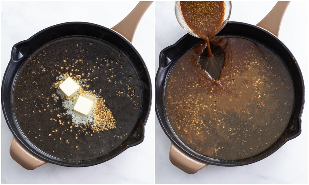 Adding butter and garlic to a skillet and then adding Balsamic sauce for Peach Chicken.