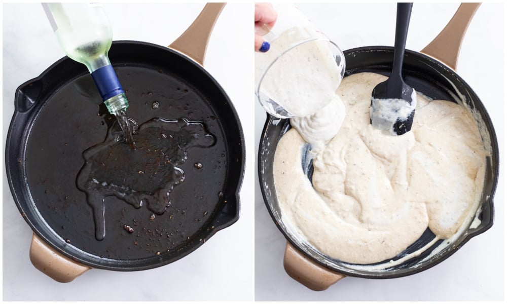 Deglazing a skillet with white wine and adding ranch sauce.