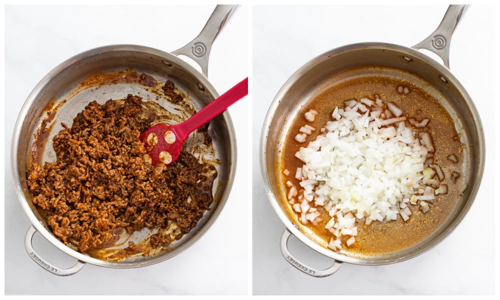A skillet with Taco meat next to a skillet with diced onions.