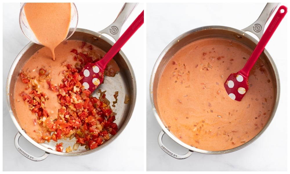 Adding diced tomatoes and taco sauce to a skillet for Taco Spaghetti.