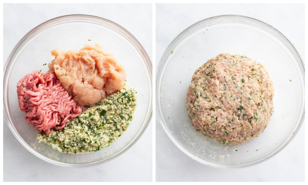 Chicken Meatballs in a glass bowl before and after being mixed together.
