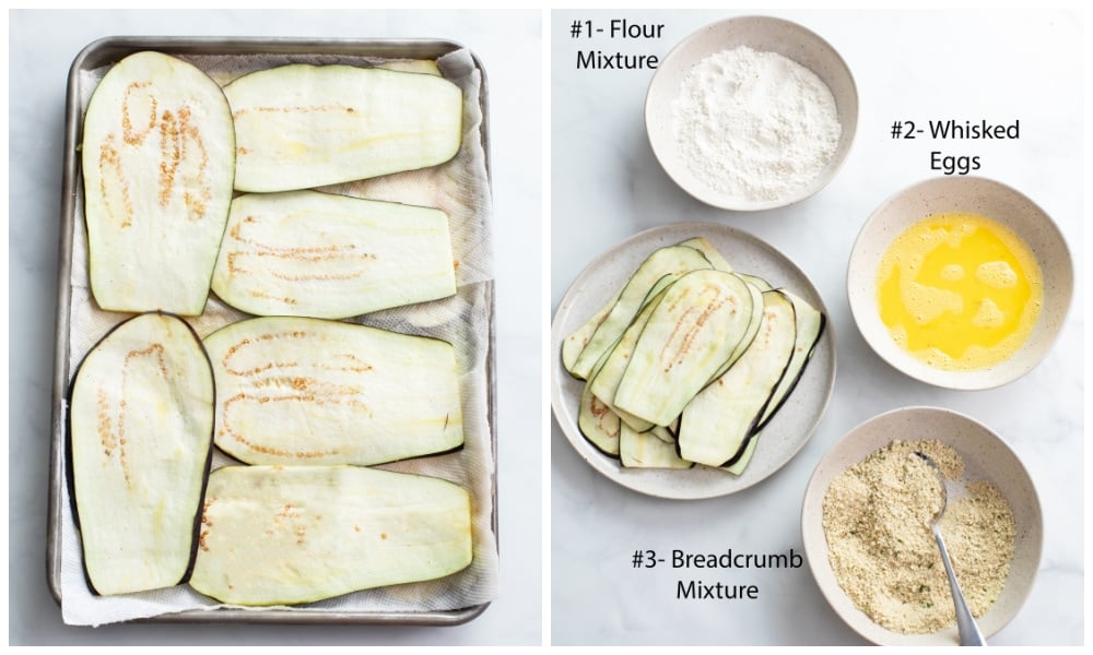 Sliced eggplant on a tray next to a breading station with flour, eggs, and breadcrumbs.