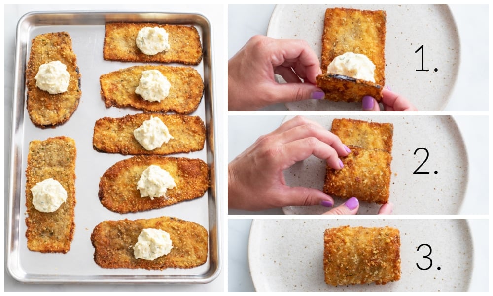 A tray of fried eggplant with filling in the middle before and after being rolled.