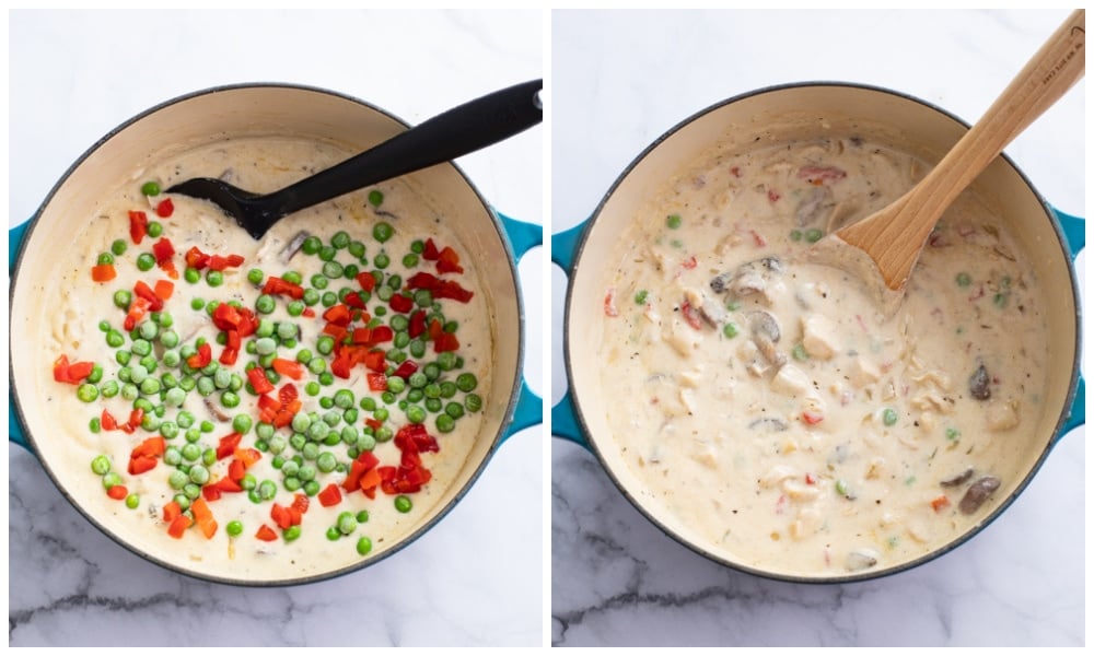 Adding peas and pimentos to a pot of filling for Chicken a la King.