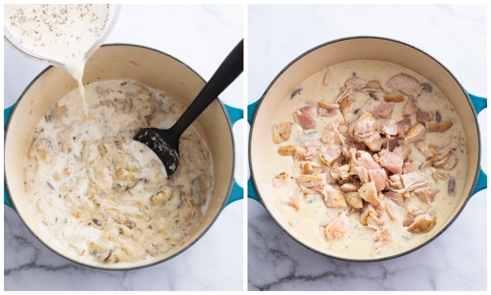 Adding cream, seasonings and chicken to a roux with mushrooms for Chicken a la King.