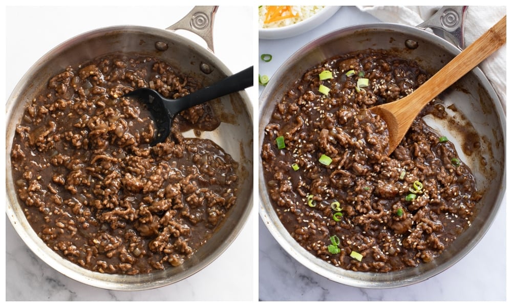Cooking ground beef in sauce in a skillet to make Korean Beef Bowls.