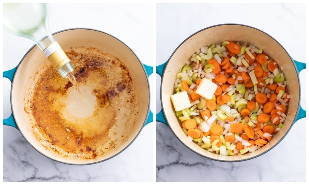 Deglazing a soup pot with wine and adding a mirepoix with butter to make soup.