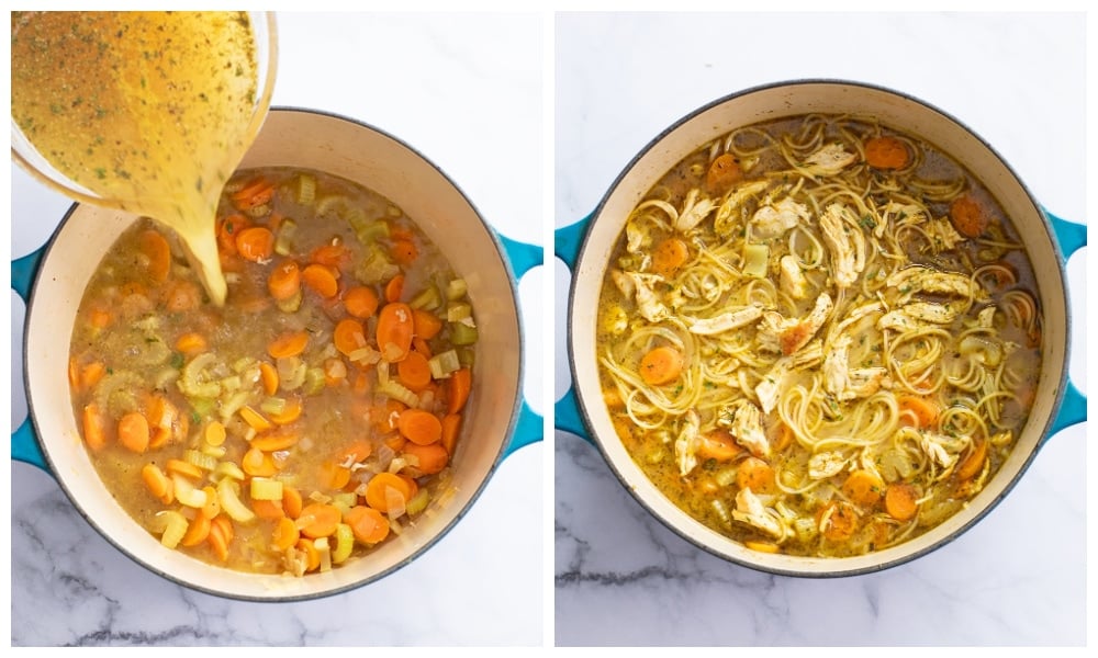 Adding broth, chicken, and noodles to a pot of lemon chicken soup.