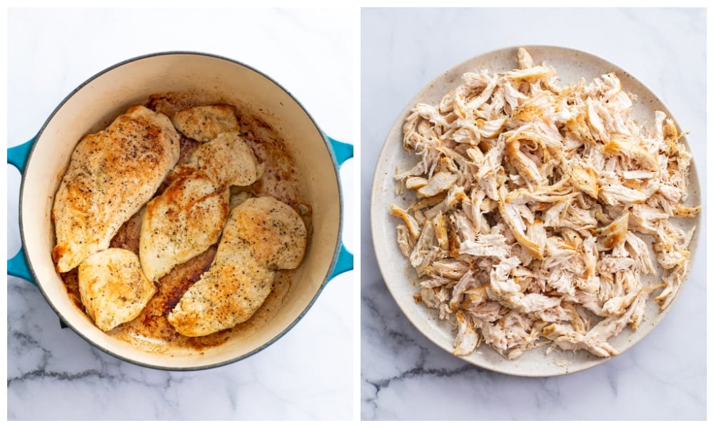 Seared chicken in a soup pot next to a plate of shredded chicken.