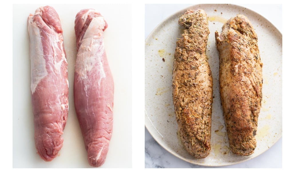 Pork Tenderloin before and after being seasoned and seared.