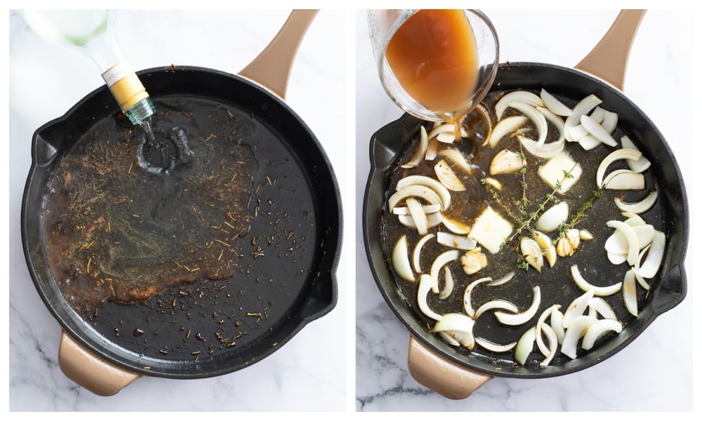 Making a pan sauce in a skillet with white wine, broth, onions, garlic, and thyme.