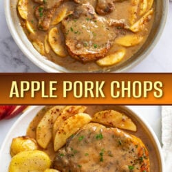 A collage of Apple Pork Chops in a skillet and on a plate.