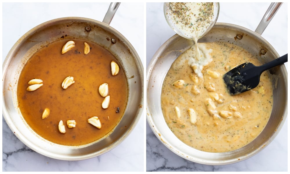 Making a lemon garlic sauce in a skillet with whole garlic cloves.