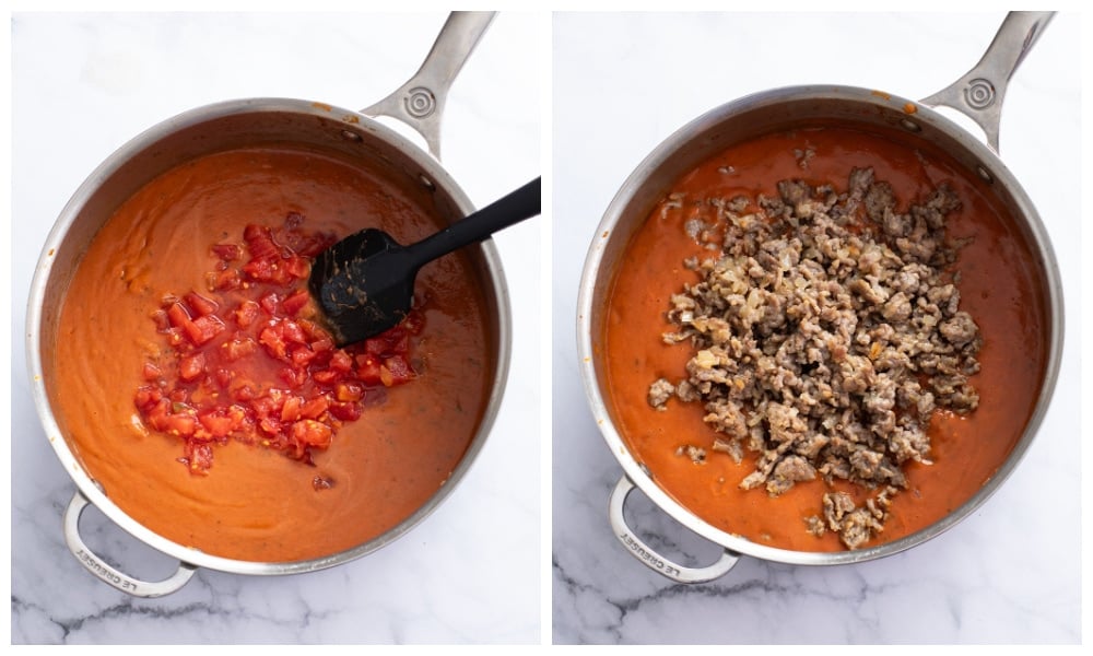 Adding diced tomatoes and ground sausage to a skillet with tomato sauce.