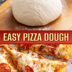 A collage of pizza dough before and after being made into a pizza.