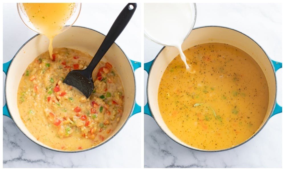 Adding chicken broth and half and half to a pot to make chicken corn chowder.