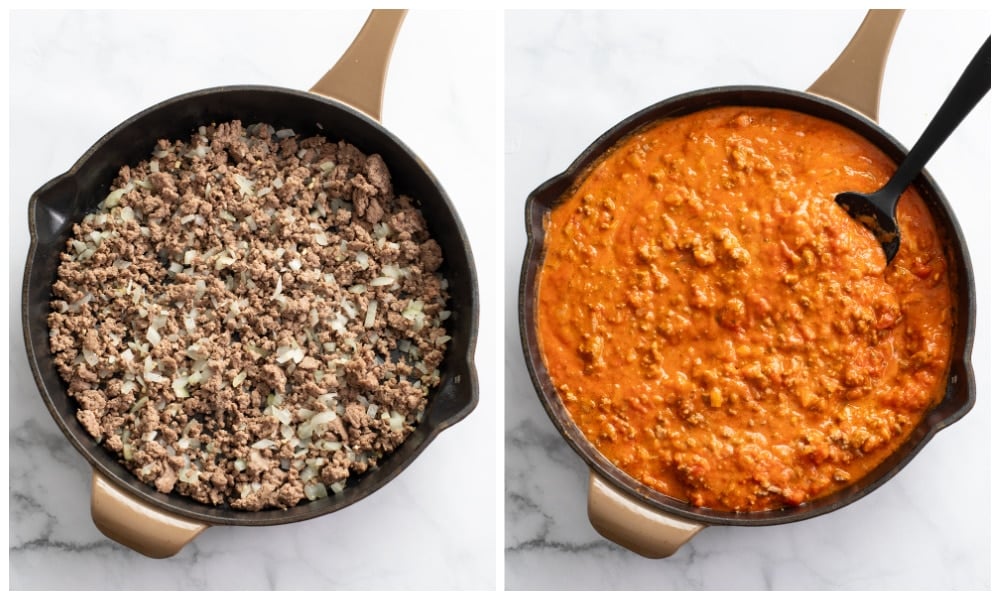 A skillet of ground beef and onions next to a skillet of meat sauce.