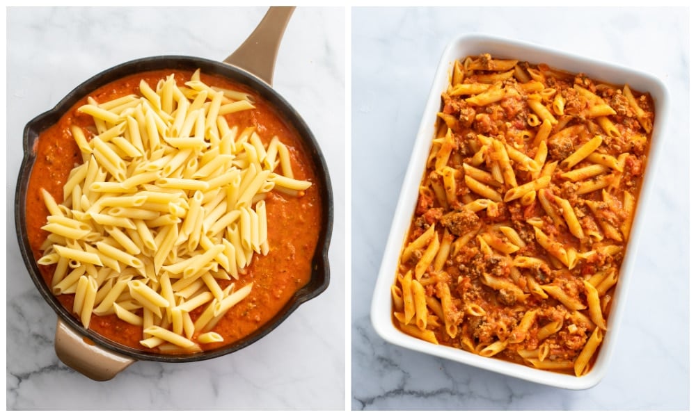 Adding pasta to meat sauce and transferring it to a baking dish for Ground Beef Casserole.