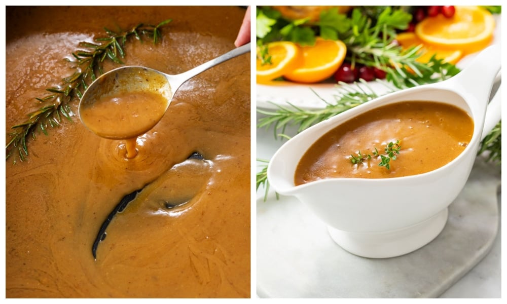 A spoon scooping up turkey gravy next to a gravy oat with gravy in it.