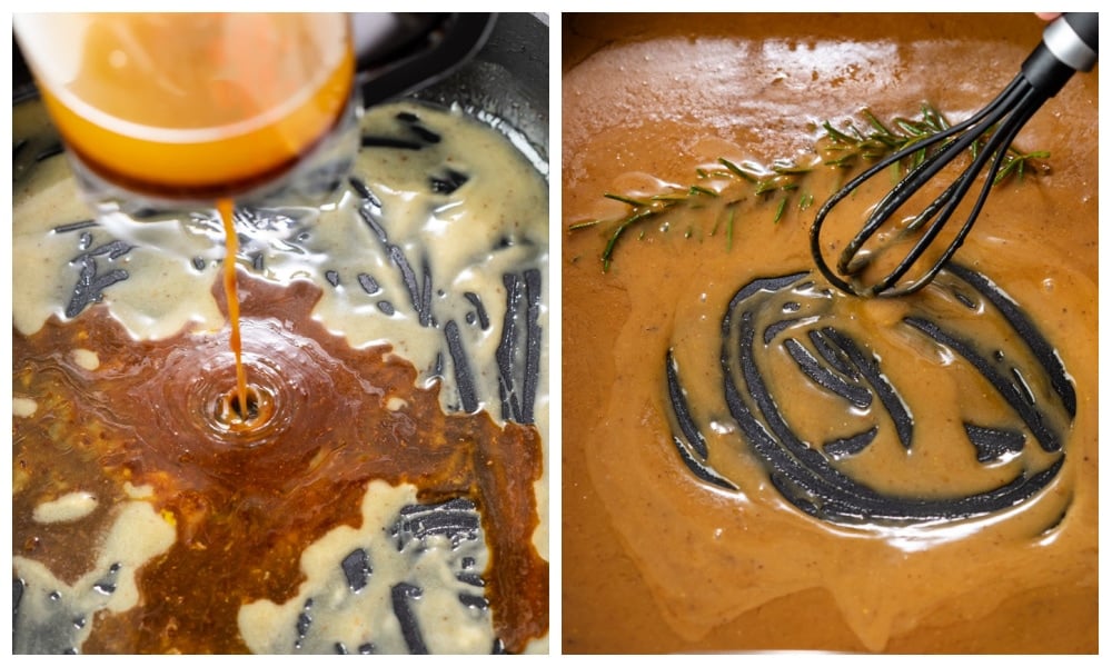 Adding drippings to roux to make gravy in a roasting pan.
