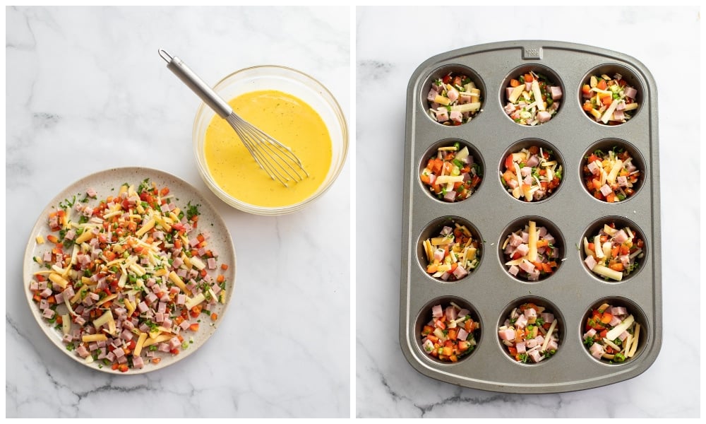 Ingredients for egg muffins next to muffin tins with fillings in them.