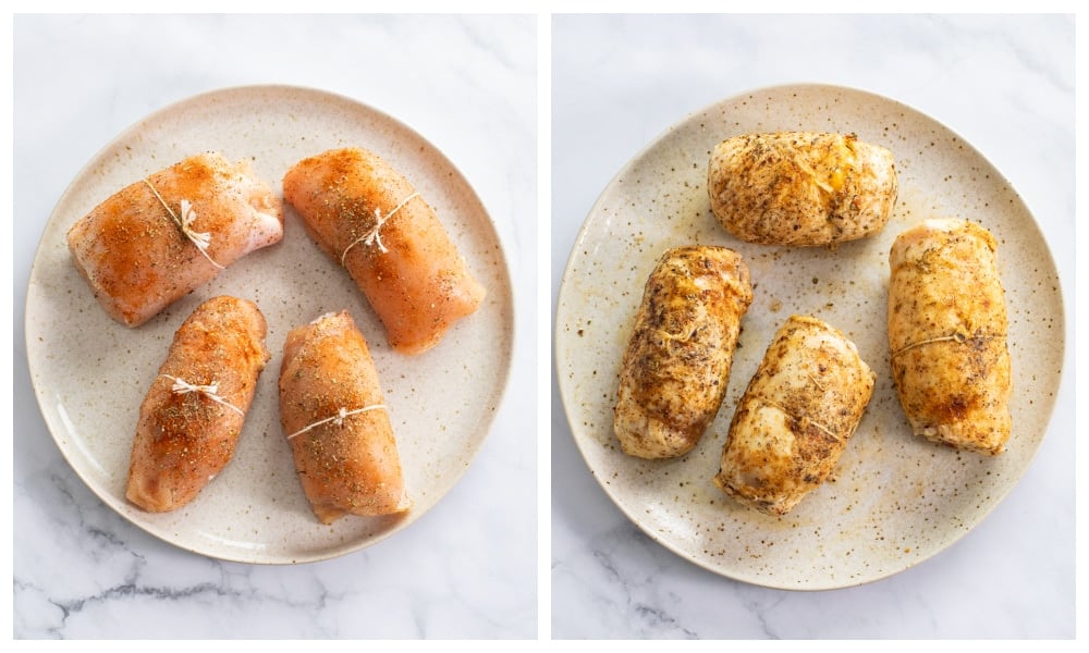 Chicken Roulade on a plate before and after being seared.