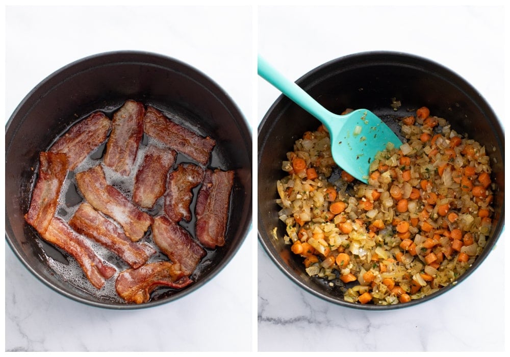 Cooking bacon in a soup pot next to a pot with cooked onions and carrots.