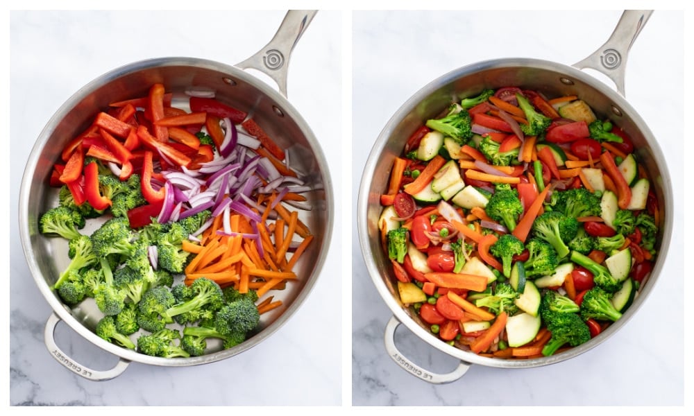 A skillet of vegetables next to a skillet of even more vegetables for pasta primavera.