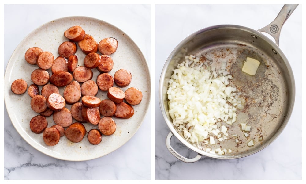 A plate of cooked slices of sausage next to a skillet with diced onions and butter.