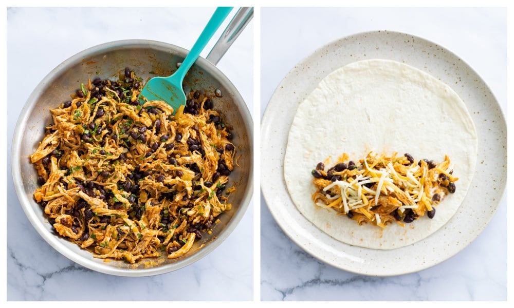 A skillet of Chicken Enchilada filling next to a tortilla with filling on it before being rolled.
