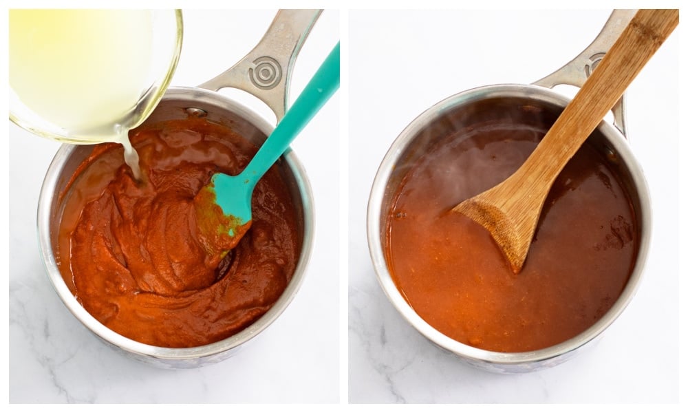A skillet with chicken broth being added to a skillet of homemade Enchilada Sauce.