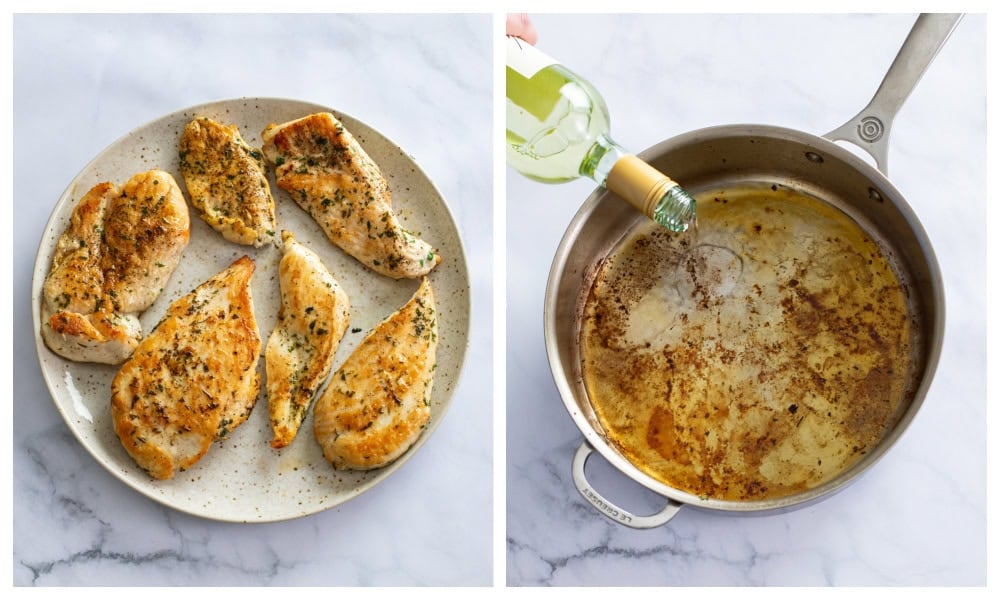 Seared chicken on a plate next to a skillet being deglazed with white wine.