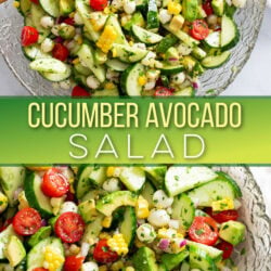 A collage of Cucumber Avocado Salad in a glass bowl with a label.