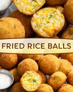A collage of Fried Rice Balls with a Cheesy Broccoli Rice filling.