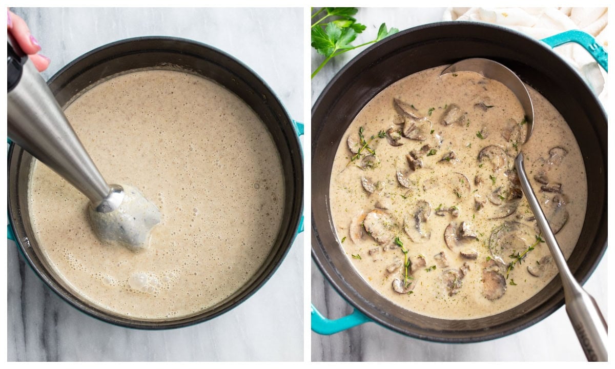 A soup pot with an immersion blender in it next to a soup pot of Cream of Mushroom Soup.
