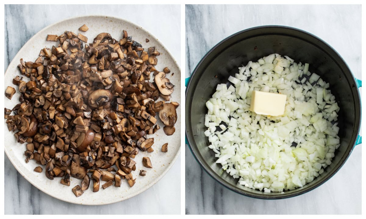 A plate of cooked mushrooms next to a soup pot with diced onions and butter.