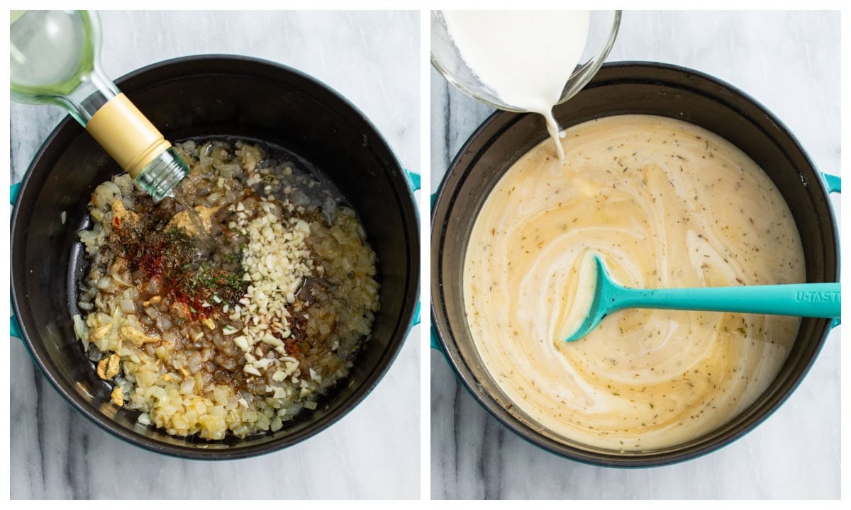 Adding wine to a skillet of caramelized onions, garlic and seasonings next to a soup pot with broth.