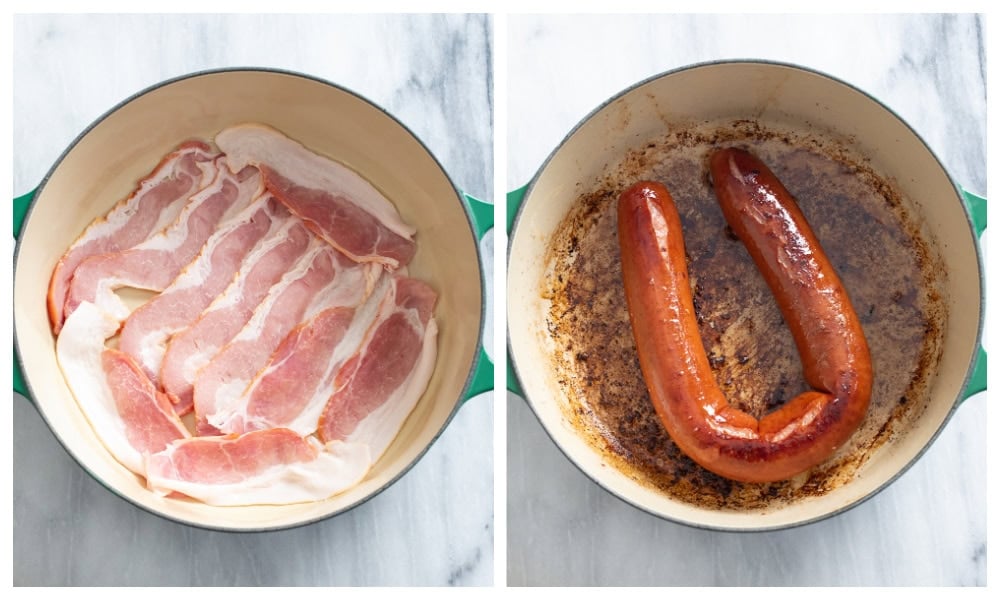 A pot with uncooked bacon next to a pot with a whole kielbasa being seared.