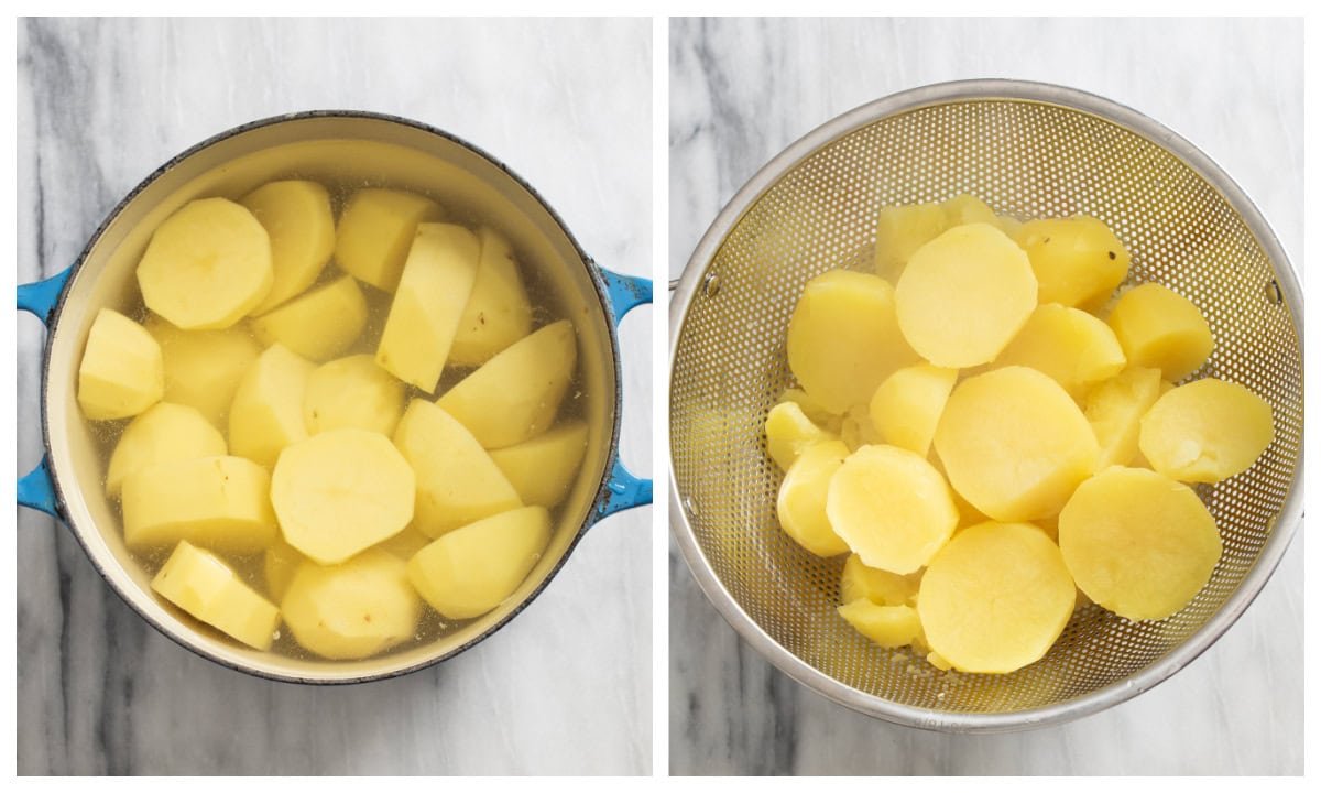 A pot of sliced potatoes in water next to cooked sliced potatoes in a colander.