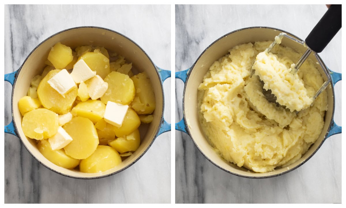 A pot of sliced and cooked potatoes with butter on top next to a pot of mashed potatoes.
